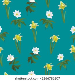seamless pattern spring flowers, vector pattern purple crocuses white primroses, seamless background for spring design
