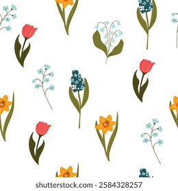 Seamless pattern with spring flowers. Vector illustration on a white background