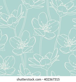 Seamless Pattern Of Spring Flowers. Vector Illustration. Beige Outline On Blue Background. 