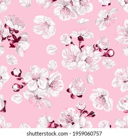 Seamless pattern with spring flowers of white sakura on pink background. Realistic, detailed vector fruit tree flowers for your surface designs, textiles, bedding, women's dresses, clothing prints.