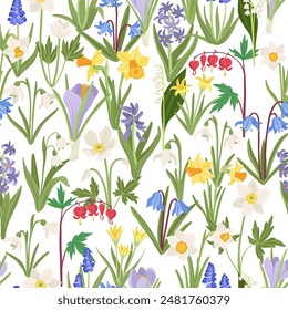 seamless pattern with spring flowers at white background, vector drawing wild plants, floral ornament, hand drawn botanical illustration