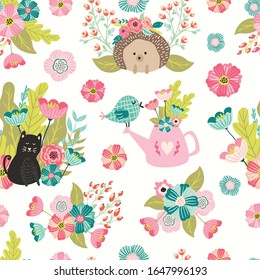 Seamless pattern with spring flowers,animals for fabric, wallpaper, scrapbboking, textile, baby and children products. Vector cute hand drawn print illustration with animals  