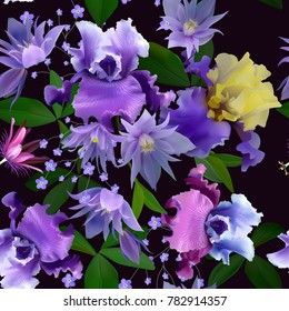 seamless pattern of spring flowers,iris, forget-me-not, clematis