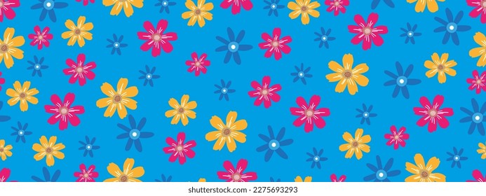 Seamless pattern Spring flower,Vintage Design in 1970s with Seamless flower Orange,Yellow,Pink floral on Blue background,60s,70s Retro Pattern style for Hippie,Groovy, funky Wall Interior Decoration