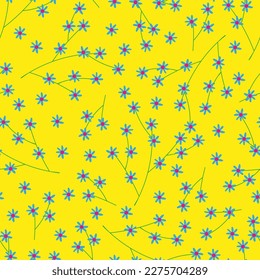 Seamless pattern Spring flower,Vintage Design in 1970s with Seamless tiny flower Blue,Pink color on Yellow background,60s,70s Retro Pattern style for Hippie,Groovy, funky Wall Interior Decoration