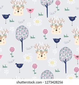 Seamless pattern with spring forest, deer, birds and plants. Scandinavian style, perfect for kids clothes, wrapping paper.