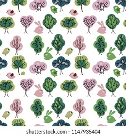 Seamless pattern with spring forest. Endless texture with trees for easter and season design, decoration,  greeting cards, posters,  invitations, advertisement.