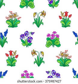 Seamless pattern with spring garden flowers on a white .Cartoon Floral background for your design.