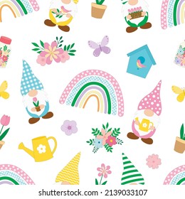 Seamless pattern spring gnomes flowers rainbow vector illustration	