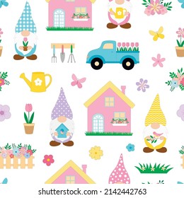 Seamless pattern spring Gnomes vector illustration