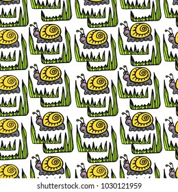 Seamless pattern with spring grass and snail. Hand drawn vector illustration with natural doodle elements. Nature sketch background for prints, T-shirt.