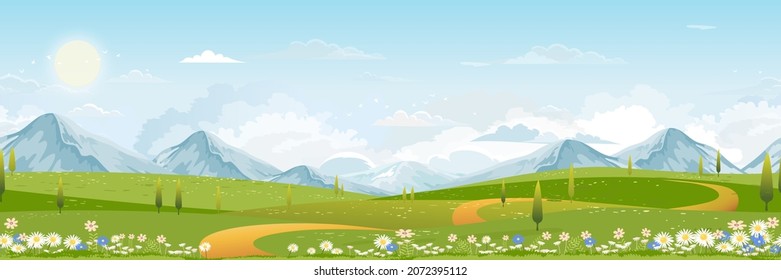 Patrón inmaculado Paisaje verde de primavera con montaña, cielo azul y fondo de nubes, naturaleza rural infinita en primavera con césped verde. Vector de caricatura para banner de primavera y verano