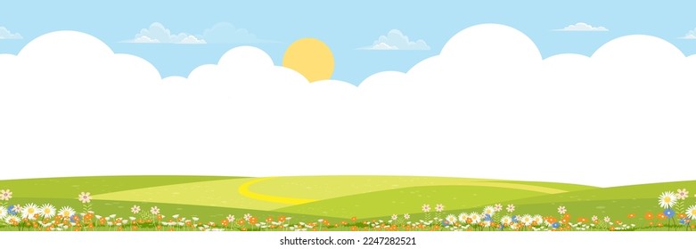 Patrón sin foco Campo verde primavera con nubes sobre fondo azul cielo,Panorama infinito hermosa naturaleza rural en primavera con terreno de césped en la colina.Vector para bandera de primavera o verano