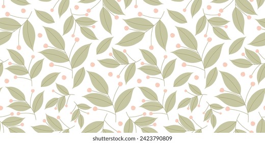 Seamless pattern Spring Green leaves with Berries. Flat Vector Template, Floral Background for Textile, Fabric, Decoration, Wallpaper, Wrapping paper. Pastel Color Cartoon Botany Foliage Backdrop.