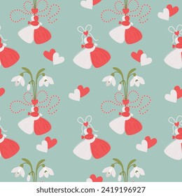 Seamless pattern spring holiday Martisor. Martenitsa Red and white romantic couple talisman accessory on green background with snowdrop flowers. Vector illustration