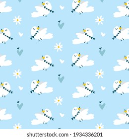 Seamless pattern for spring holidays celebration of easter, mother day, victory day, international day of families showing white dove with an olive branch symbolizing peace love union freedom  