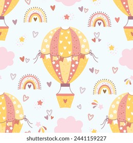 Seamless pattern with spring hot air balloons. Flowers, rainbows, clouds, comets. Vector illustration.