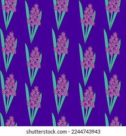 Nahtlose Muster der Frühlingsblumen. Vektorgrafik einer Hyazinthe-Frühlingsblume auf buntem Hintergrund im Doodle-Stil. Für Tapeten, Dekorpapier, Verpackungsdesign
