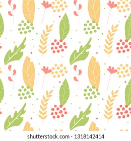 Seamless pattern with spring leaves and dots. Colorful foliage. Green, yellow, red spots. Vector.