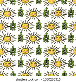 Seamless pattern with spring leaves and sun. Hand drawn vector illustration with floral doodle elements. Nature sketch background for prints, T-shirt.