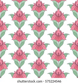 Seamless pattern of spring Lilly flowers in garlands. Floral print in pastel pink and green colors. Vector Illustration.