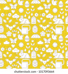 Seamless pattern with spring linear elements. Spring symbols. Vector concept  illustration. Spring is coming. Hello spring. 
