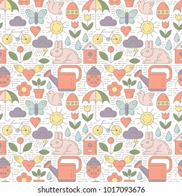 Seamless pattern with spring linear elements. Spring symbols. Vector concept  illustration. Spring is coming. Hello spring. 