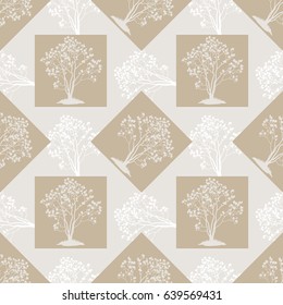 Seamless Pattern, Spring Magnolia Trees with Flowers, White Silhouettes on Grey Tile Background with Brown Squares. Vector