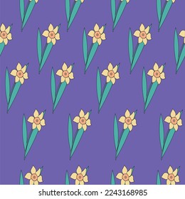 Seamless pattern of spring narcissist flowers . Vector illustration of a spring  narcissist  flower on a colored background in doodle style. For wallpaper, decorative paper, packaging design