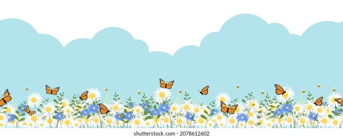 Seamless pattern Spring nature background with blue sky,cloud with bee and butterfly on daisy field.Vector Endless Summer green field of meadow and flower,Horizontal border for Easter holiday backdrop