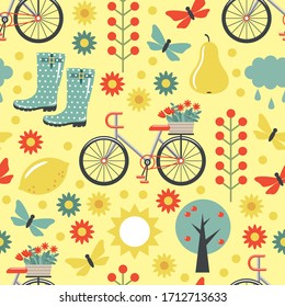 Seamless Pattern Of Spring, Nature Icons. Vector Illustration