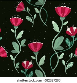 Seamless pattern with spring night butterfly flowers on black background