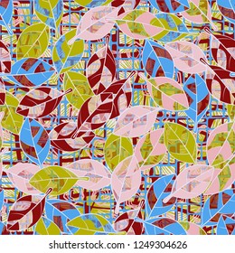 Seamless pattern. Spring paints on foliage, against the background of diverse abstraction.