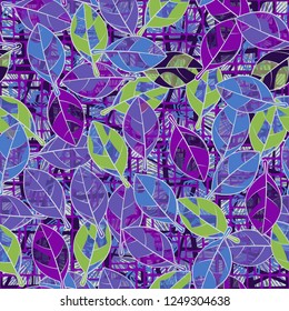 Patrón sin problemas. Pinturas primaverales sobre follaje, en el fondo de abstracción diversa.