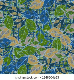 Seamless pattern. Spring paints on foliage, against the background of diverse abstraction.