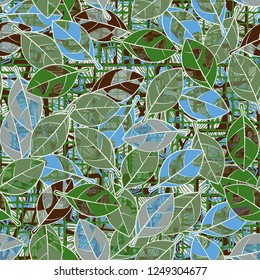 Seamless pattern. Spring paints on foliage, against the background of diverse abstraction.