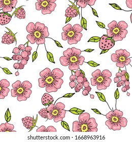 seamless pattern with spring pink flowers hand-drawn on a white background