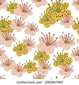 Seamless pattern spring plants on white background. Vector floral template in doodle style with flowers. Gentle summer floral texture for fabric, wrapping paper, wallpaper.