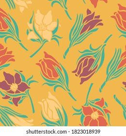 Seamless pattern with spring Pulsatilla flowers. Red and purple flowers on a yellow background. Surface design. Vector illustration.