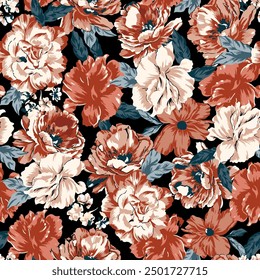 Seamless pattern with spring rose and peony flowers and leaves. Hand drawn background. floral pattern for wallpaper or fabric. Flower rose.