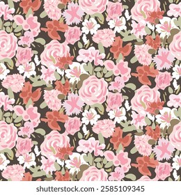 Seamless pattern with spring rose and peony flowers and leaves. Hand drawn background. floral pattern for wallpaper or fabric. Flower rose, vector illustration. 