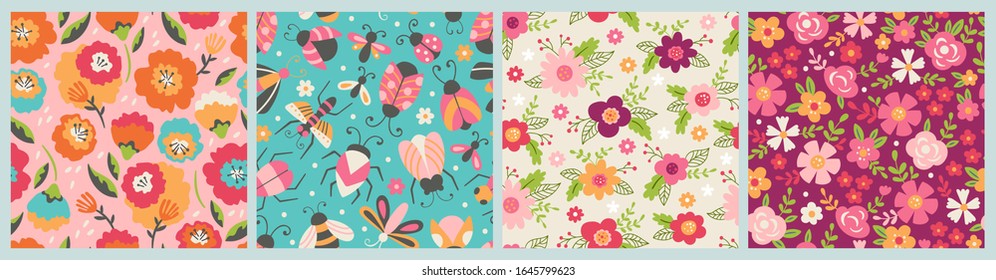 Seamless pattern for spring season. Childish background for fabric, wrapping paper, textile, wallpaper and cards. Vector illustration
