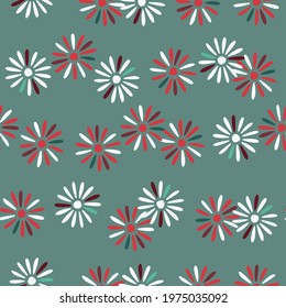 Seamless pattern spring season random abstract daisy flowers ornament. Turquoise background. Graphic design for wrapping paper and fabric textures. Vector Illustration.