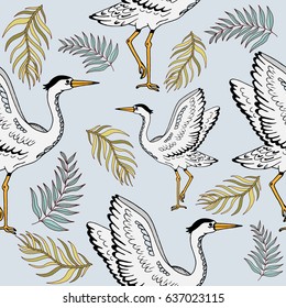 Seamless pattern of spring stork and hand drawn vector illustration