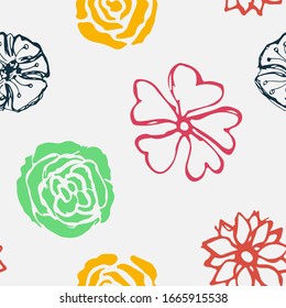 A seamless pattern in the spring style. Lots of different colors. Daisy roses in black white. Vector eps illustration.