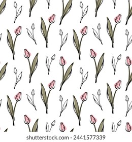 Seamless pattern with spring and summer colors. Sketch-style tulip pattern, hand-drawn on white background for unique packaging designs and flower shops.