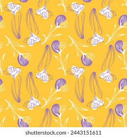 Seamless pattern with spring and summer colors. Sketch-style crocus and narcissus pattern, hand-drawn on yellow background for unique packaging designs and flower shops in vintage style