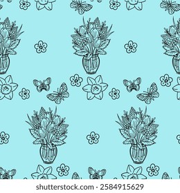 Seamless pattern with spring and summer flower bouquets in vases. Red and white tulips, purple hyacinths with greenery. Doodle style illustration. Black on blue background. Vector floral design.