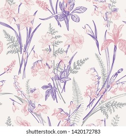 Seamless pattern with spring and summer flowers. Botanical illustration.  Vector drawing.