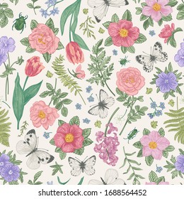 Seamless pattern. Spring and summer flowers. White butterflies and green beetles. Vector botanical illustration. Pastel colors.